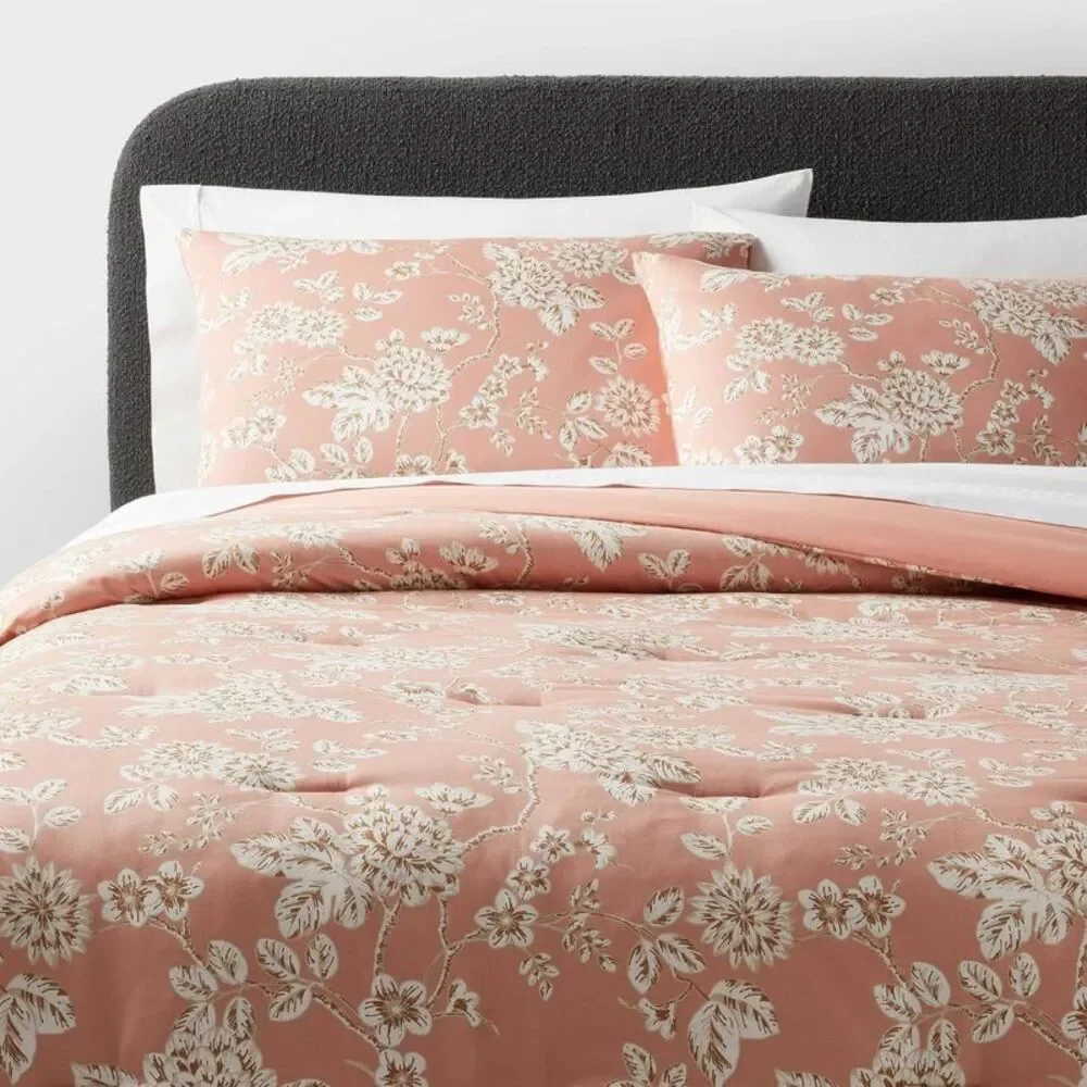 Full/Queen Floral Print Comforter Set - Light Pink Cotton Sateen